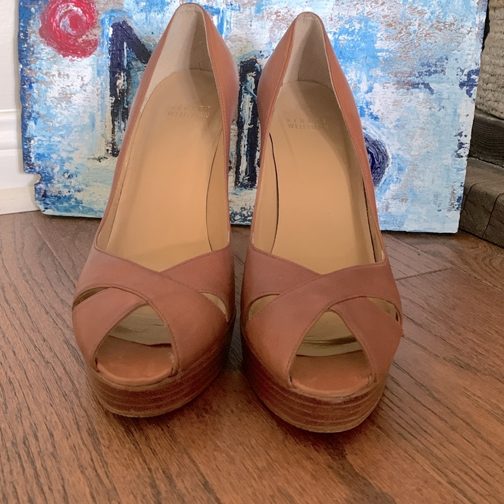 Stuart Weitzman Cognac Brown Leather Wood Stack Platform Heel Sz 8M Peep toe - Picture 3 of 14